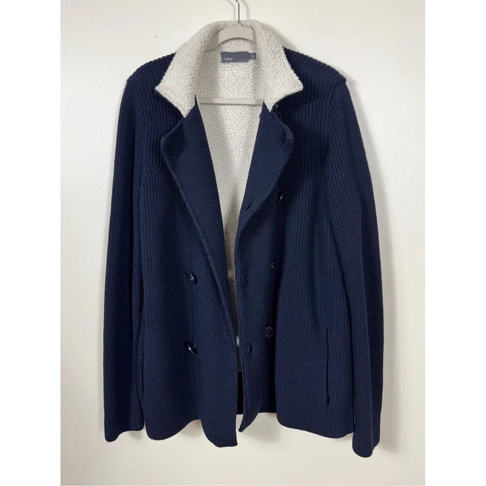 Vince Mens Wool Navy Blue Shearling Lined Cardigan Sweater Jacket Large Preppy